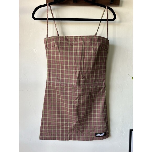 UNIF Dresses & Skirts - UNIF O-Ren Brown Green Plaid Mini Dress Zip Strappy Sleeveless A-Line Size S